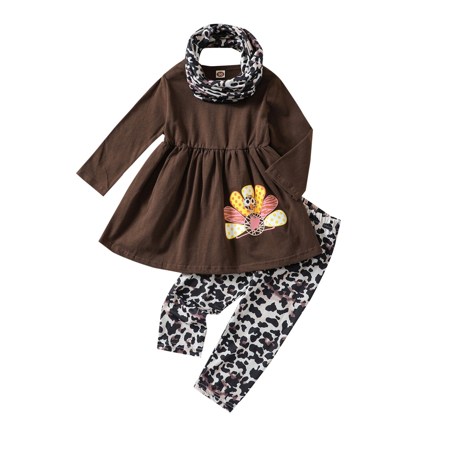 Baby Autumn Young And Little Girls Suit European And American Thanksgiving Suit Turkey Print Top And Trousers Scarf Three-piece Set
