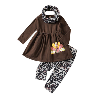 Baby Autumn Young And Little Girls Suit European And American Thanksgiving Suit Turkey Print Top And Trousers Scarf Three-piece Set