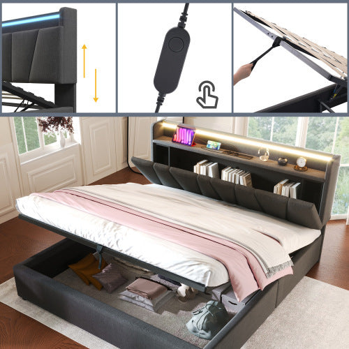 UK Local Upholstered Double Bed With USB Charging Function, Storage Headboard And LED Lighting, 5ft King Size Bed Storage Bed Frame 150 X 200 Cm, Wooden Slatted Frame, Grey No Mattress