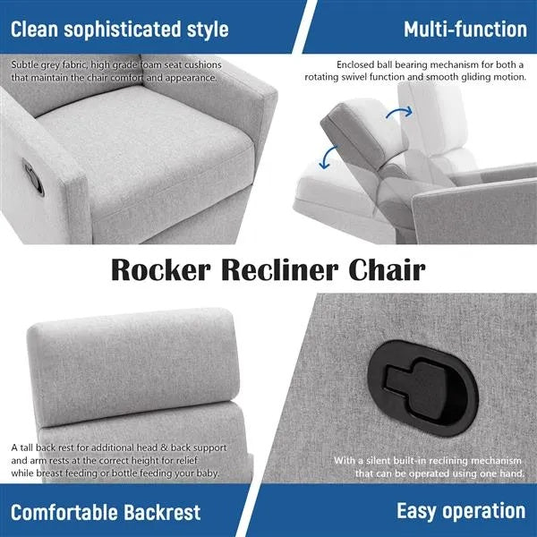 US Local Modern Upholstered Rocker Nursery Chair Plush Seating Glider Swivel Recliner Chair, Gray