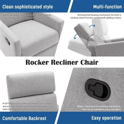 US Local Modern Upholstered Rocker Nursery Chair Plush Seating Glider Swivel Recliner Chair, Gray