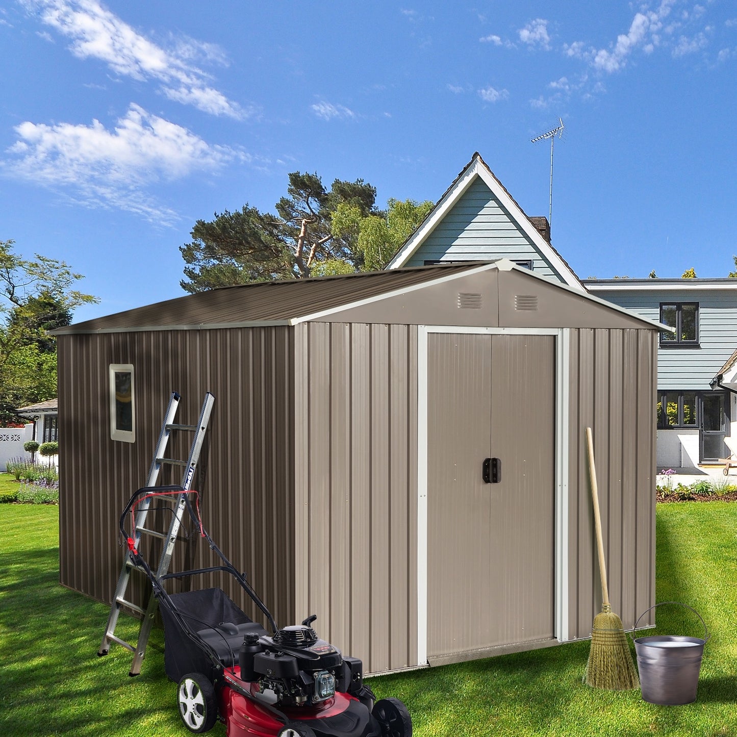 US Local 10x8ft Outdoor Metal Storage Shed With Metal Floor Base,with Window,Grey