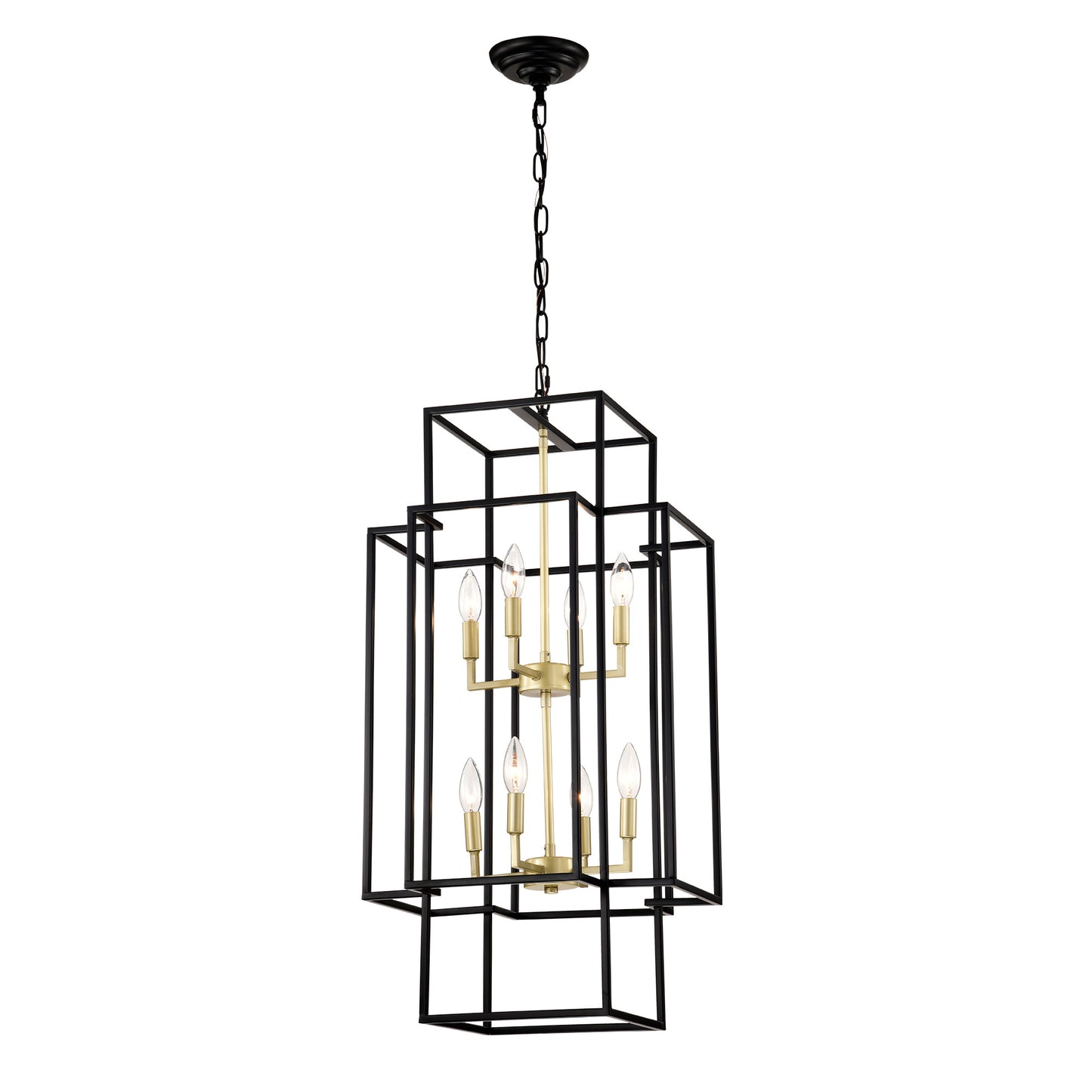 US Local 8-Light Metal Lantern Tiered Pendant Hanging Light Fixtures, Industrial Farmhouse Adjustable Height Chandeliers For Dining Room Hallway Foyer Entryway--Matte Black & Gold E12 Bulbs Not Included