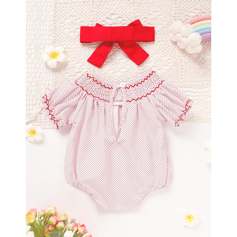 US Local Newborn Baby Girls' Valentine's Day Smocked Romper Short Sleeve Heart Embroidery Jumpsuit Casual Cute Romper