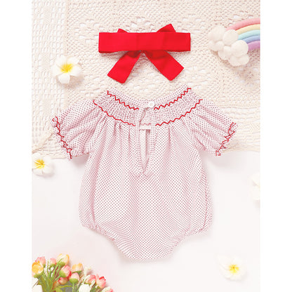 US Local Newborn Baby Girls' Valentine's Day Smocked Romper Short Sleeve Heart Embroidery Jumpsuit Casual Cute Romper