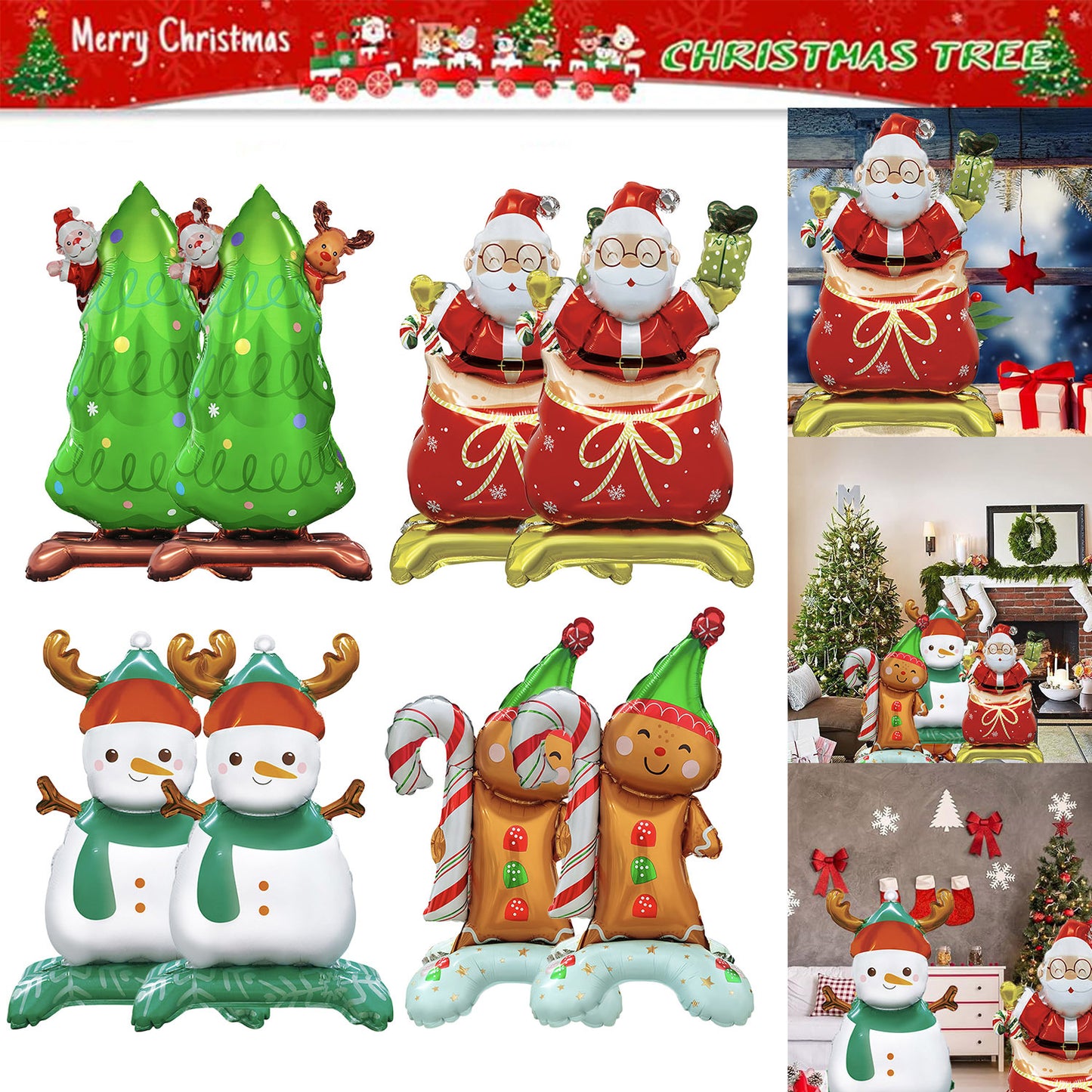 US Local 8 Packs Christmas Mylar Balloons With Base Balloon Xmas Tree Santa Snowman 3D Foil Balloons Standing Balloon Decorations For Christmas Birthday Winter Party Decor