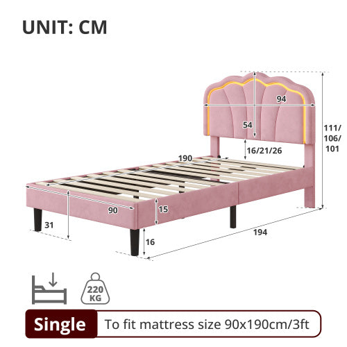 UK Local 3ft Single Upholstered Bed With LED Adjustable Shell Shape Headboard, Soft Velvet Bed Frame With Solid Wood Slat, No Box Spring Needed, Easy Assembly, Cream White No Mattress