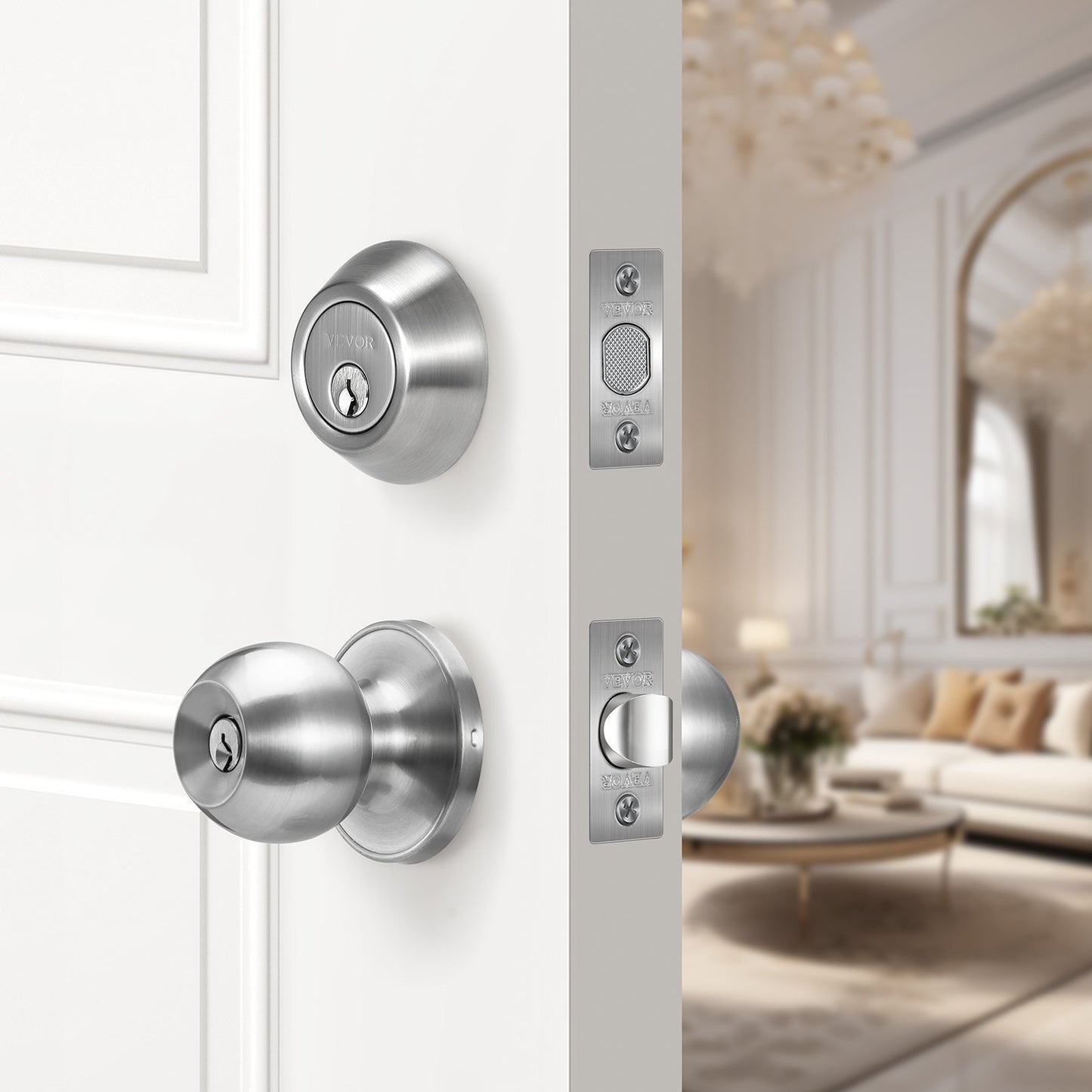 US Local Entry Door Knob And Deadbolt Set Satin Nickel Single Cylinder Deadbolt