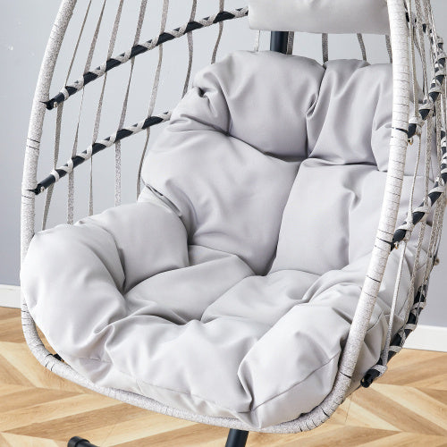 US Local GRHeavy-Duty Iron Hanging Chair With Wicker Weave   Single Person Swing For Indoor  Outdoor Gray