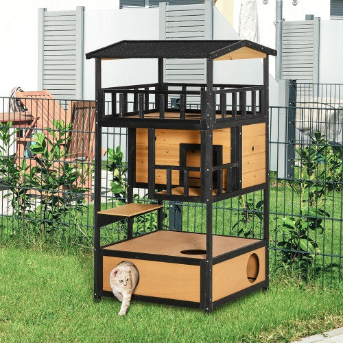 US Local Wooden Outdoor Cat House, Wild Cat Shelter Kitten Tree