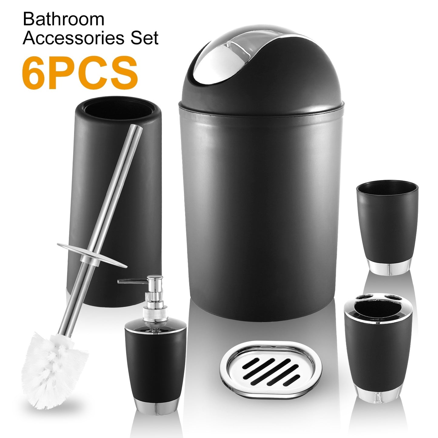 US Local Bathroom Accessories Set 6 Pcs Bathroom Set Ensemble Complete Soap Dispenser Toothbrush Holder Tumbler Soap Dish Toilet Cleaning Brush Trash Can
