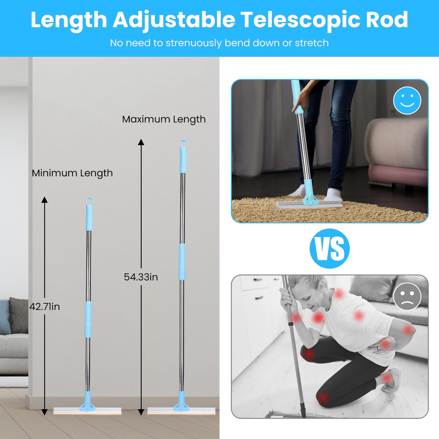 US Local 1Pc Pet Hair Removal Rake With 54.33in Adjustable Telescopic Rod Multi-Fabric Dog Cat Hair Scraper Lint Shaver For Carpet Rug Clothes Couch