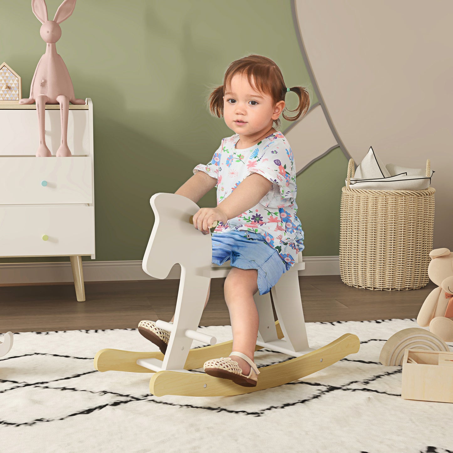 US Local 3-in-1 Kids Portable Slide Rocking Horse Toy with Basketball Hoop for Age 1.5-3 Boys and Girls