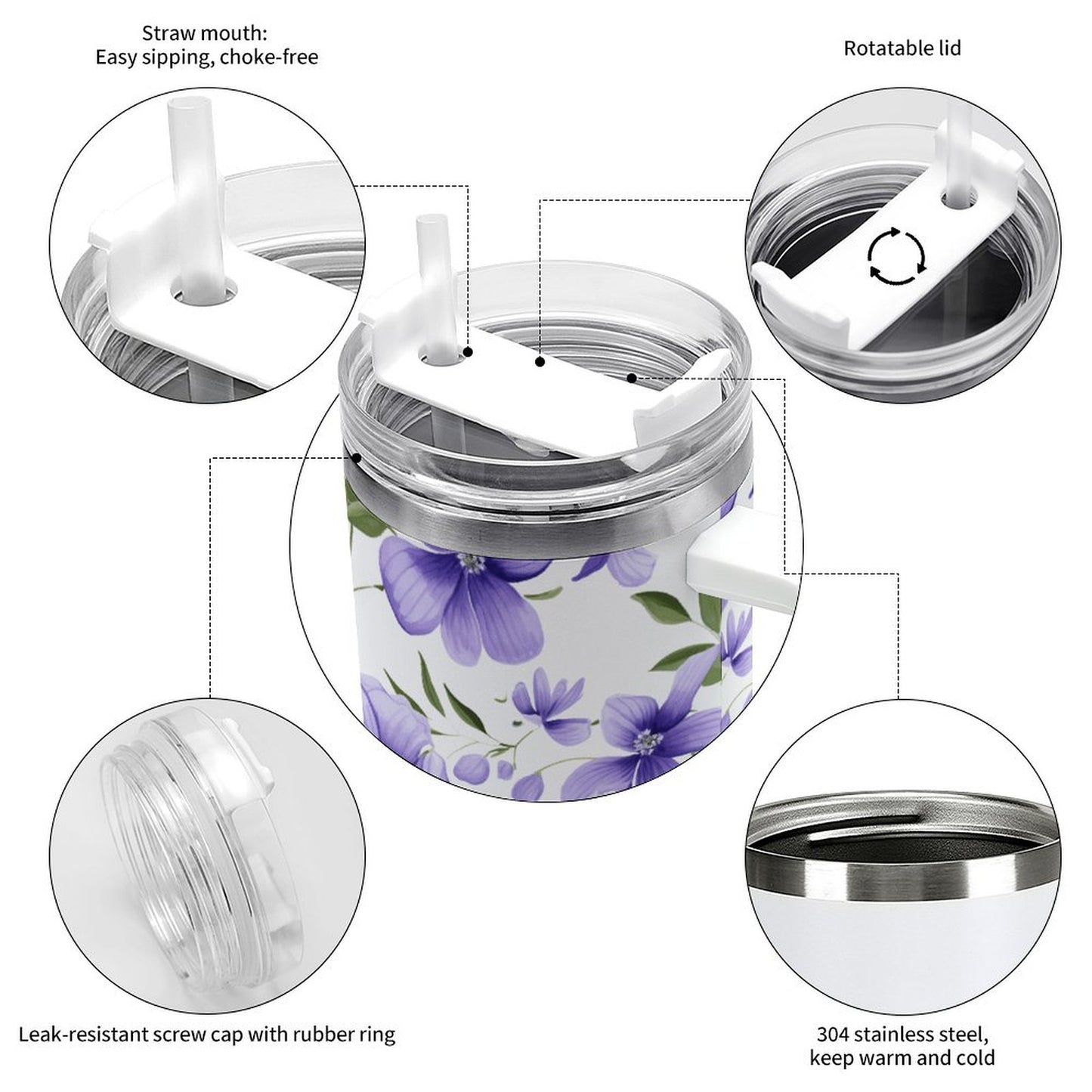 PHDT00037 POD US Local Tumbler 40 oz Large Capacity Car Cup Purple, Flowers, Green Leaves