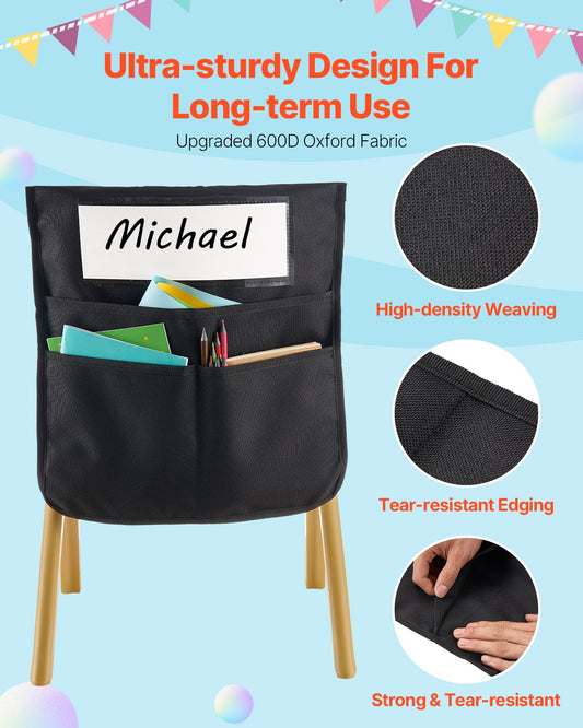 US Local Chair Pockets For Classroom 12 Pack Seat Pocket With Name Tag Black