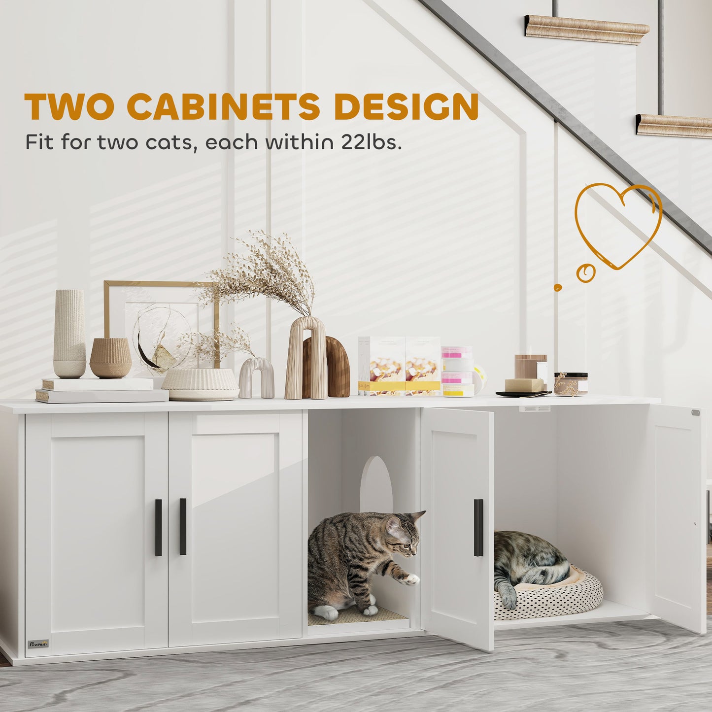 US Local Cat Litter Box Enclosure With Double Room, Scratching Mat For 2 Cats, 57 X 19 X 20, White