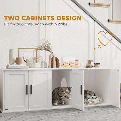 US Local Cat Litter Box Enclosure With Double Room, Scratching Mat For 2 Cats, 57 X 19 X 20, White