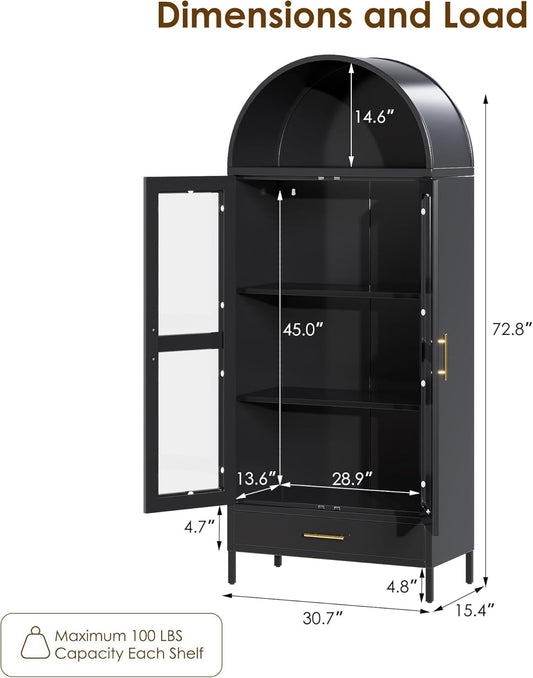 US Local 73In Tall Metal Arched Cabinet, Arched Display Pantry Cabinet With Glass Door, Modern Farmhouse Bookcase With 1 Drawer And 2 Adjustable Shelves For Living Room, Black, Assembly Required