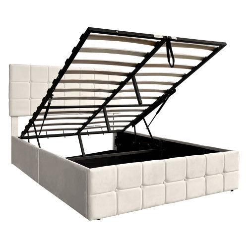 UK Local 4ft6 Double Upholstered Storage Bed Frame, Velvet Ottoman Bed With Hydraulic Storage, Double Bed With Adjustable Button Tufted Headboard, Metal-Wood Support, No Mattress, Beige