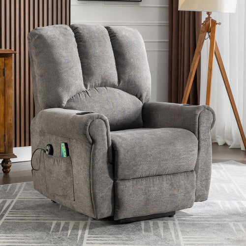 UK Local Electric Lift Grey Senior Chair - Single Motor, Heated Massage, Stand Assist, Storage Pockets, Cup Holders