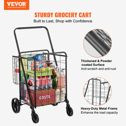 US Local VEVOR Folding Shopping Cart, Jumbo Grocery Cart With Double Baskets, 360Swivel Wheels, Heavy Duty Utility Cart, 110 LBS Large Capacity Utility Cart For Laundry, Shopping, Grocery, Luggage