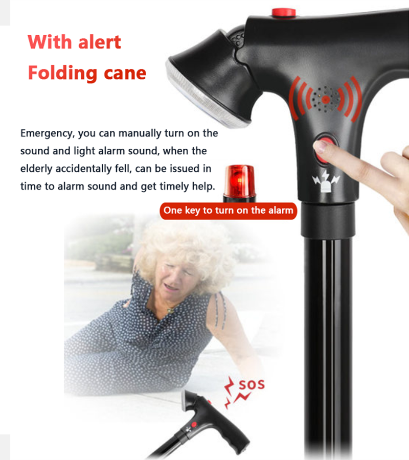 UK Local Adjustable Walking Stick Cane With LED Flashlight SOS Alarm Button For Senior Travel Hiking Trekking Pole Folding Crutch Handle Strap 5 Gears