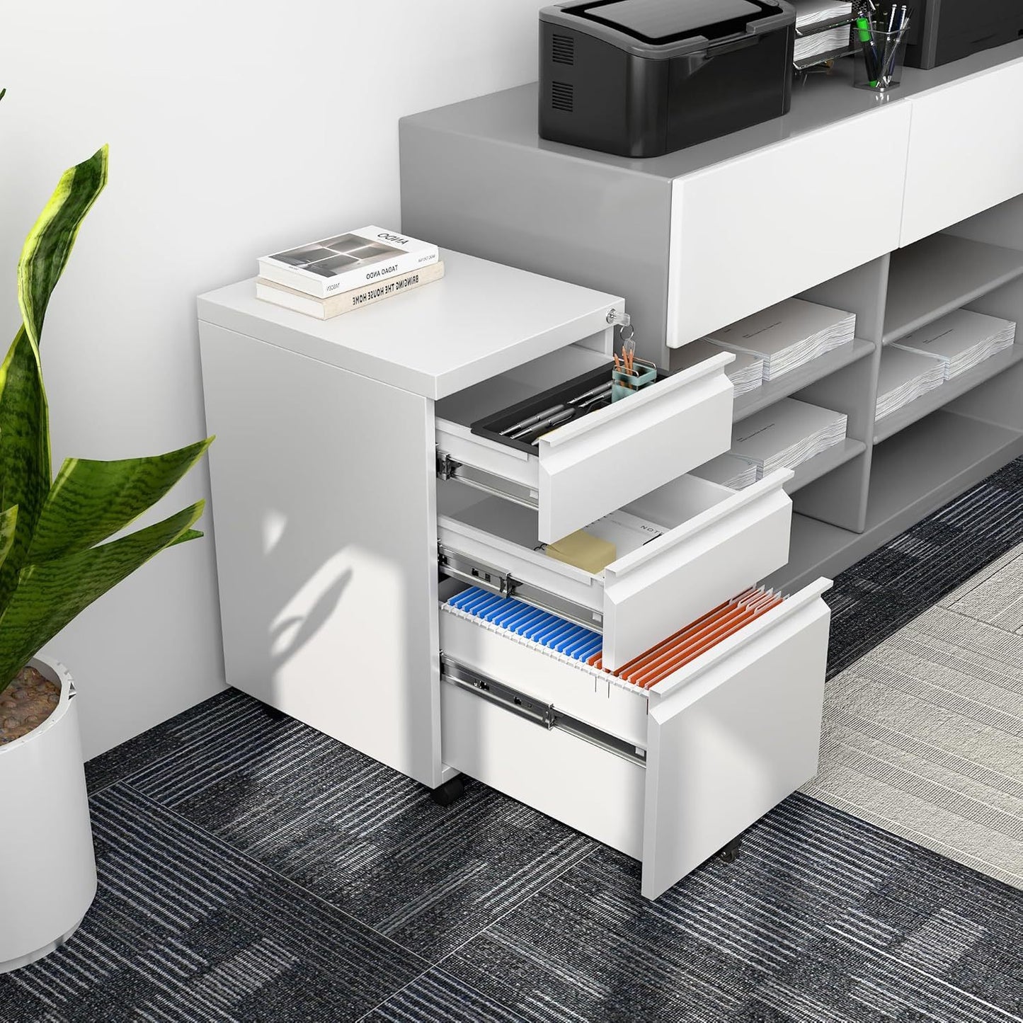 US Local 3 Drawer Mobile File Cabinet With Lock, Under Desk Metal Filing Cabinet For Office,Home,A4 Legal Letter Size, Fully Assembled White