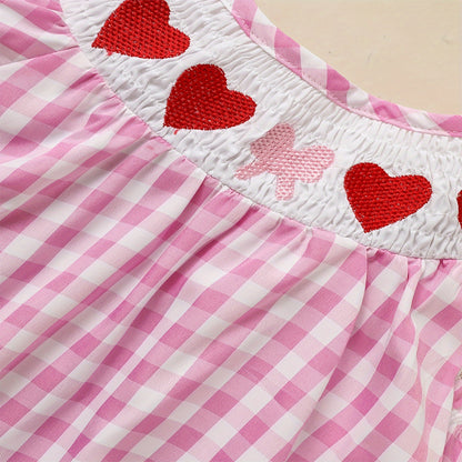 US Local Baby Girl's Short Sleeve Checkered Romper Heart Embroidery & Ruffle Detail With Back Cut-Out And Snap Closure