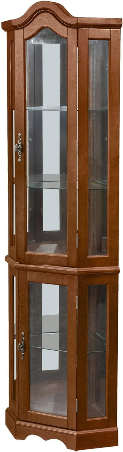 US Local Corner Curio Cabinet With Lights, Adjustable Tempered Glass Shelves, Mirrored Back, Display Cabinet,