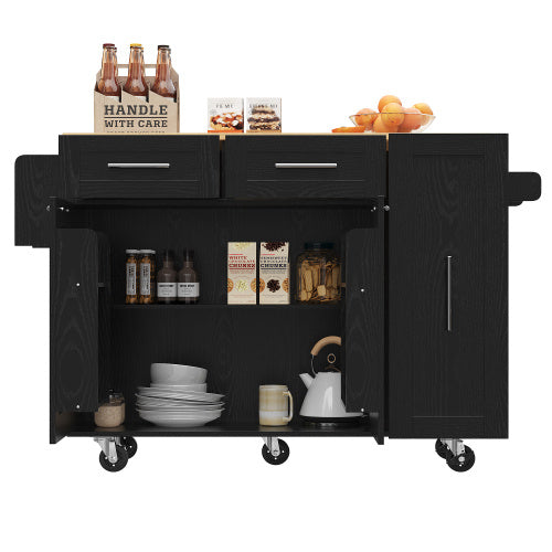 UK Local Modern Kitchen Island, Kitchen Cabinet, Buffet Cabinet, Dining Cart With Wood Grain, Dining Table With Storage Space, Dining Cart With Snack Shelves And Stretch Function Cabinets, Black