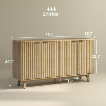 US Local Fluted Sideboard Buffet Cabinet, 55 Coffee Bar Cabinet With 4 Doors, 2 Adjustable Shelves, 5 Wood Legs, Oak