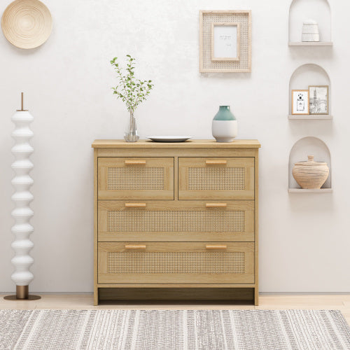 US Local 4 Drawer Rattan Cabinet, Suitable For Bedroom, Living Room, Dining Room, Hallway, Easy To Assemble