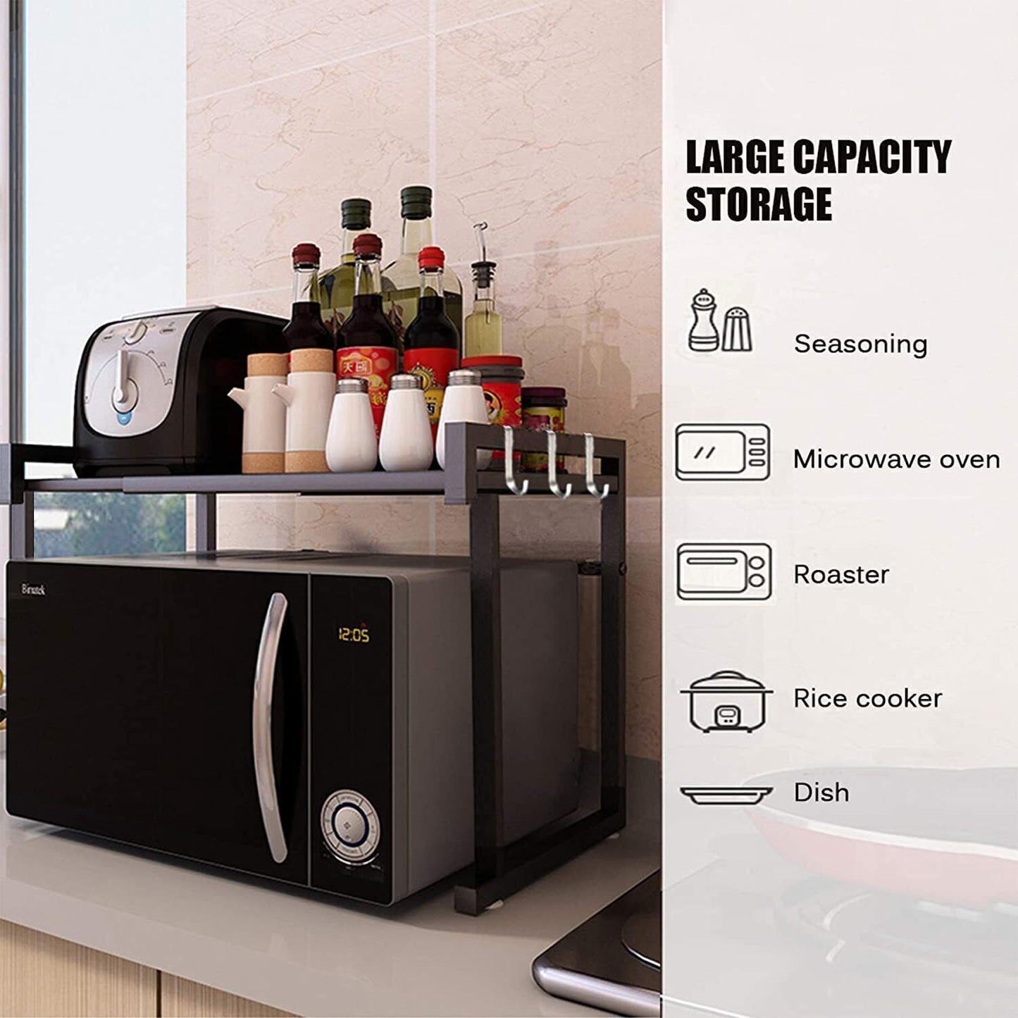 UK Local Black Single-layer Double Bar With 6 Hooks And Extendable Kitchen Storage Rack