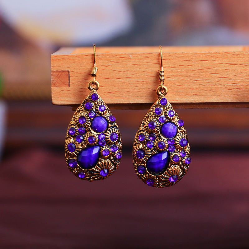 Water Drop Gem Diamond Ancient Ethnic Style Earrings Female Blue Black