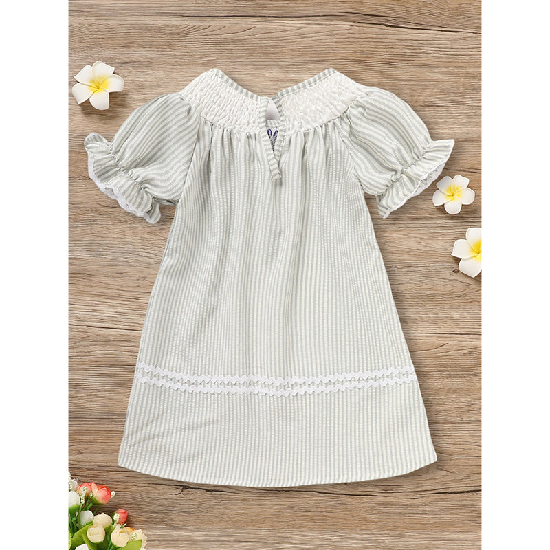 US Local Infant Baby Girls' Easter Bunny Smocked Dress Embroidered Short Sleeve Casual Summer Dress