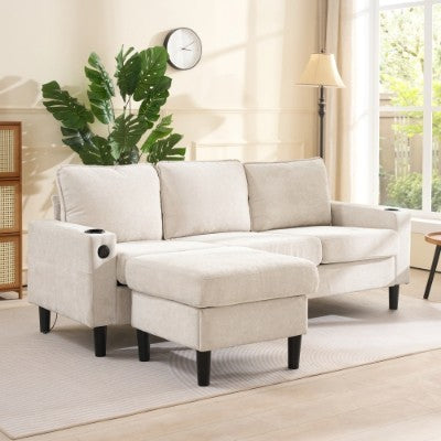 UK Local L-Shaped Couch Sofa, Corner Sofa 3 Seater Sofa, Sectional Sofa Couches With USB, Cup Holder, For Apartment Living Room Beige