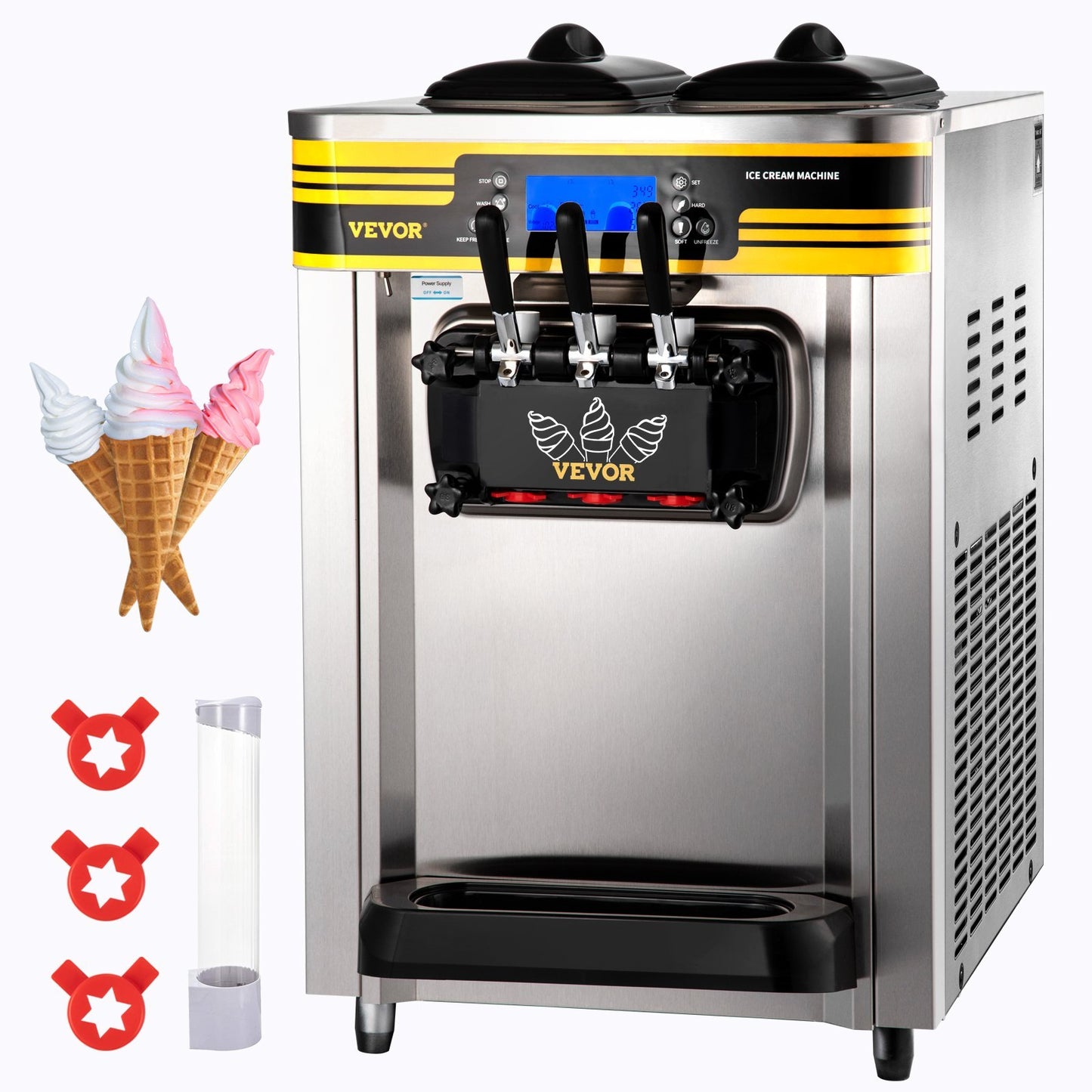 Commercial Ice Cream Maker, 22-30L H Yield, 2350W Countertop Soft Serve Machine W 2x6L Hopper 2L Cylinder LCD Panel Puffing Shortage Alarm, Silver