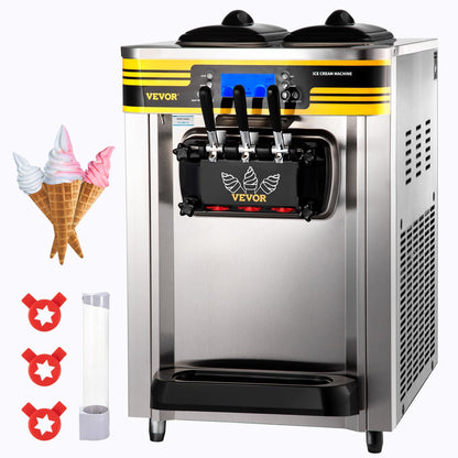 US Local Commercial Ice Cream Maker, 22-30L H Yield, 2350W Countertop Soft Serve Machine W 2x6L Hopper 2L Cylinder LCD Panel Puffing Shortage Alarm, Silver