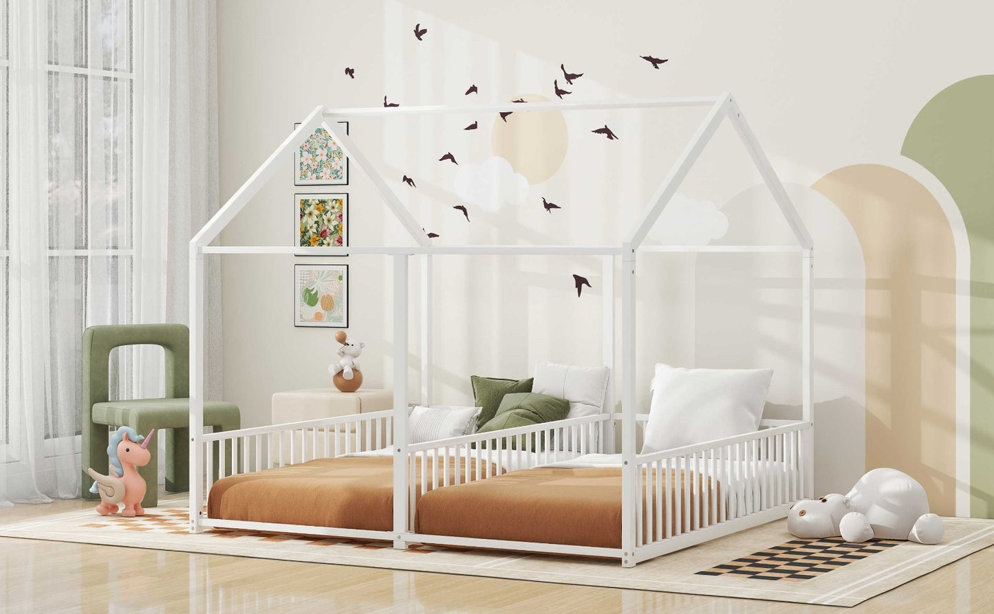 US Local Metal Twin Size House Platform Beds, Two Shared Beds, White