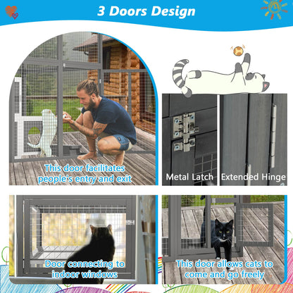 US Local Outdoor Wooden Cat Catio - Large Solid Wood Cat Cage Playpen With 2 Jumping Platforms & 7 Napping Houses, Walk-in Cat Kennel Condo Shelter, Grey