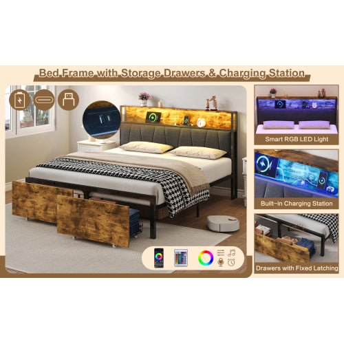 UK Local 4ft6 Double Bed Frame With 2 Storage Drawers, RGB LED Storage Headboard With Charging Station, Metal Platform Bed Frame, No Box Spring Needed, Easy Assembly, Black Walnut No Mattress