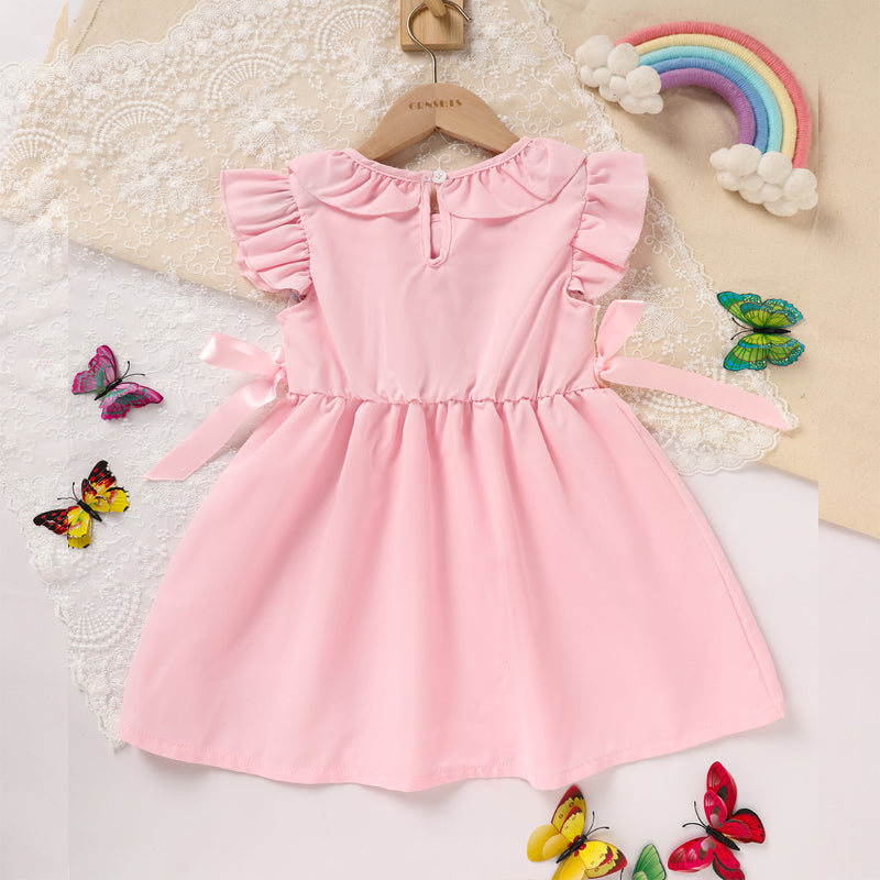 US Local Toddler Girl's Pink Ruffle Sleeve Dress Letter Embroidery & Bow Detail With Back Button Closure