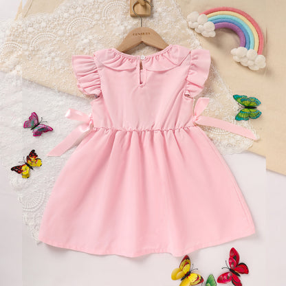 US Local Toddler Girl's Pink Ruffle Sleeve Dress Letter Embroidery & Bow Detail With Back Button Closure
