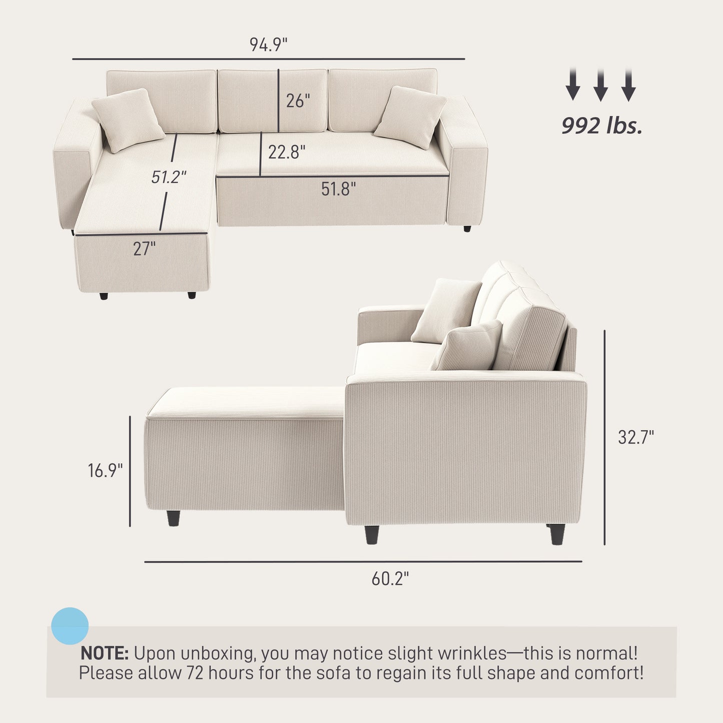 US Local Corner Sofa With Reversible Chaise Lounge, Corduroy L-Shaped Sectional Sofa With Pocket Spring, Cream White