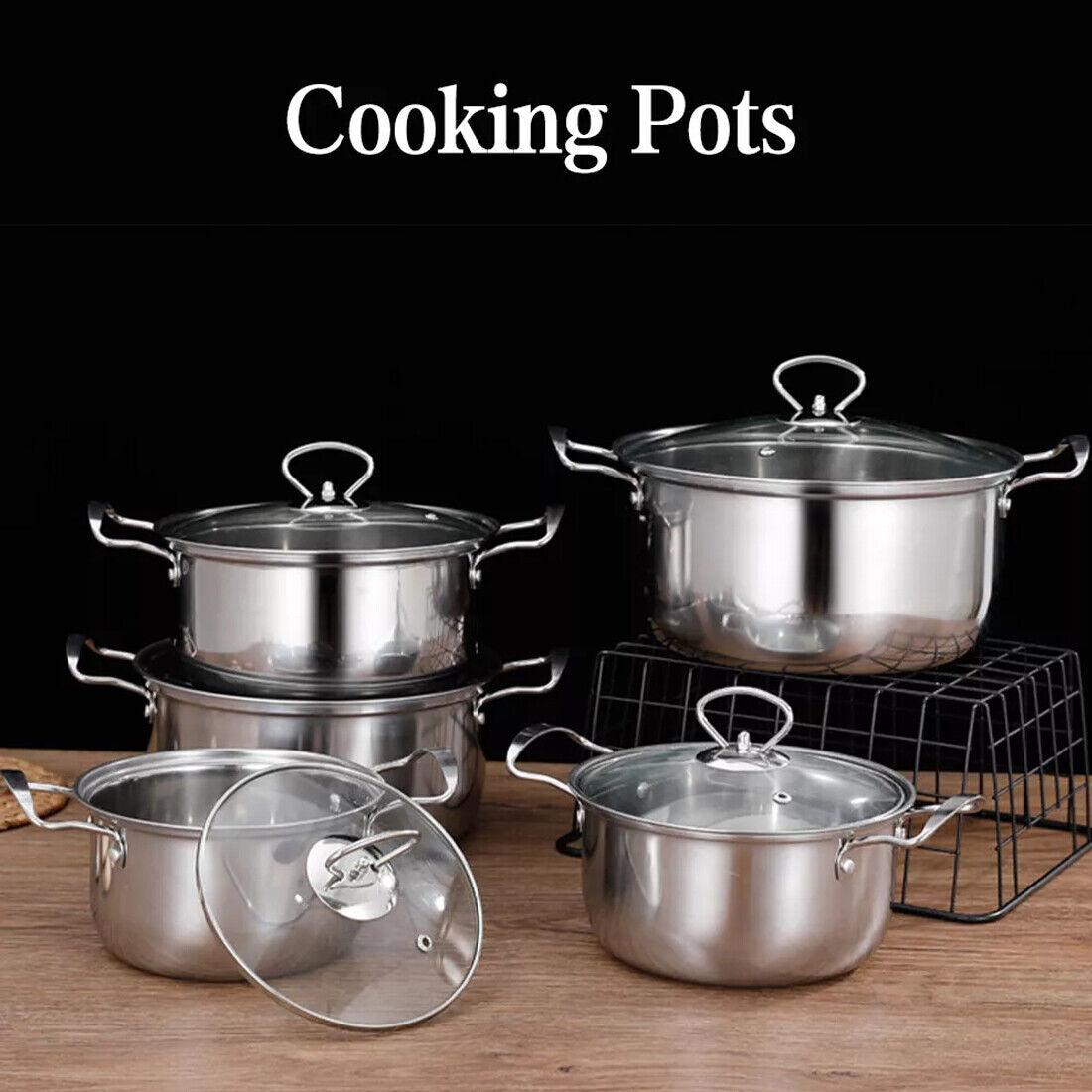 US Local 11PCS Induction Non Stick Stainless Steel Cookware Cooking Pot Pan With Lids Set