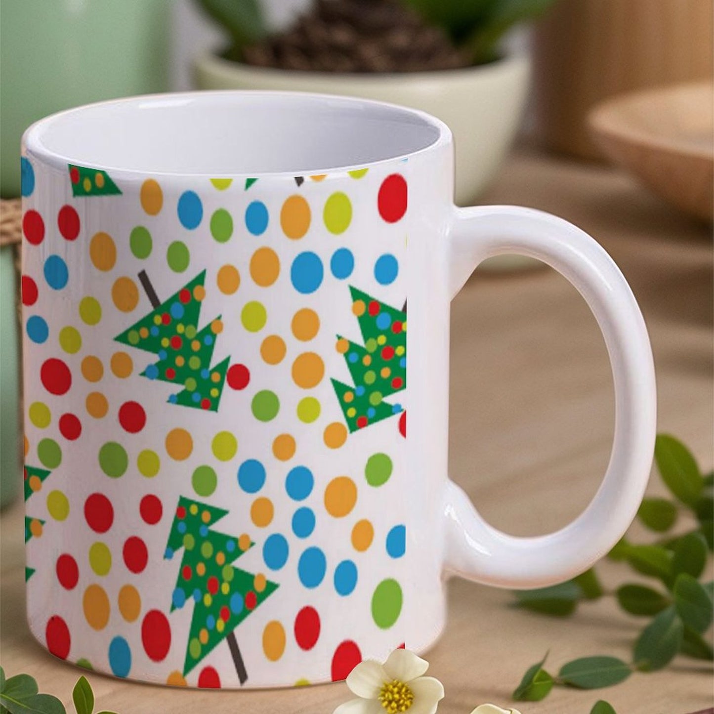 POD US Local White mug with full print, Christmas Tree Colored Dots 0026