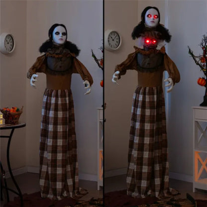 US Local 5.4ft Halloween Animatronic Witch - Scary Pop-Up Head, Sound Button Activation, 4 Flashing Red Eyes & Screeching Laugh