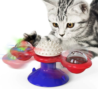 US Local Cat Entertainment Set- Interactive Rotating Disk, Feather Teasers, Tumbler, Windmill Toy - Keeps Cats Active & Engaged