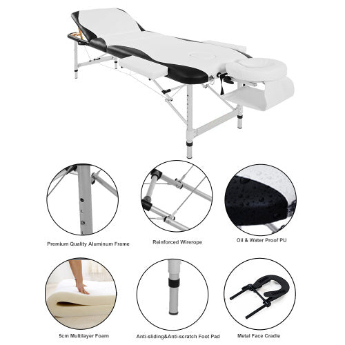 UK Local Massage Table Couch Bed Aluminium Tattoo Spa Reiki Portable Folded 3 Section With Premium PU Leather And 5 Cm High Density Multi-Layer Foam Headrest Arm Support And Carrying Bag