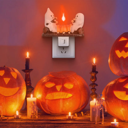 US Local 2 Pcs Ghost Campfire Flickering Flame Night Light Indoor 3D Funny Halloween Nightlight Decoration Bedroom Night Light Halloween Decoration Gift For Friend Family